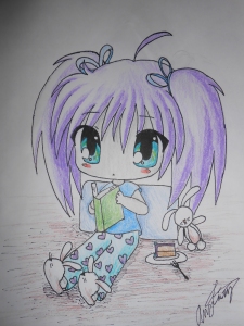 I love reading in my pajamas, okay? That's why she is wearing PJ's. However, I have no clue why I drew bunnies. 
